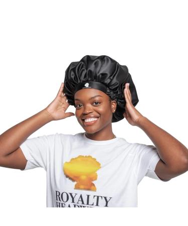 Royalty Headwear Silk Satin Bonnet for Women - Adjustable Jumbo Extra Secure Non-Slip Satin Cap Silk Hair Bonnet for Sleeping Black