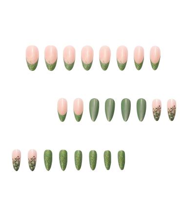 Green Press on Nails - Medium Almond Shape | Butterfly & Flower Design | Pink Glossy Ombre Fake Nails for Women | Trendy Press Ons - Buy Online on GoSupps.com