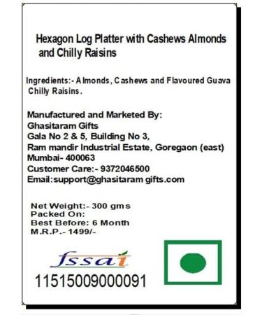 Ghasitaram Gifts Rakhi Gifts for Brothers Dryfruit - Hexagon Log Platter with Cashews Almonds and Chilly Raisins with 2 Pearl Rakhis - Buy Online on GoSupps.com
