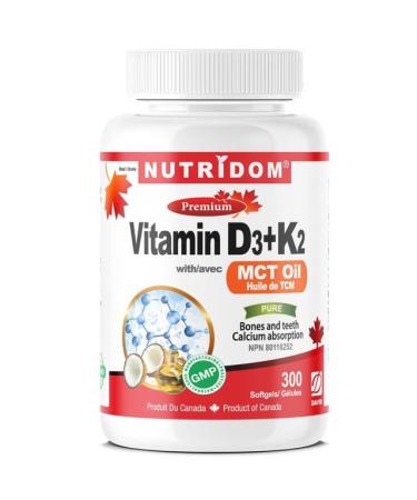 Nutridom Vitamin D3 1 000 IU + K2 MK-7 120 mcg with MCT Oil Cholecalciferol D3 + Natto-Derived Menaquinone-7 Non-GMO Free of Gluten Soy & Dairy (300 count)