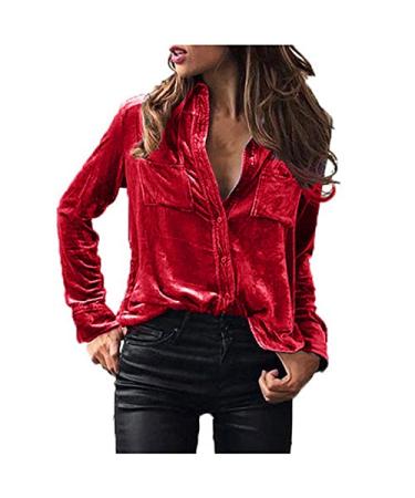 Womens Velvet Button Down Shirts Long Sleeve Solid Color Blouse Casual Lapel Tunic Tops Work Tops Fashion Jacket Red Medium