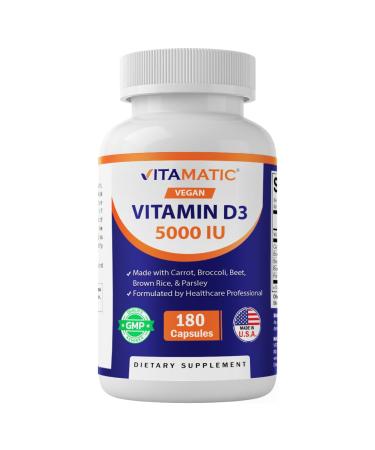 Vitamatic Vegan Vitamin D3 5000 IU | Plant Based Vitamin D from Lichen | Made with Carrot Beet Broccoli Brown Rice & Parsley | 180 Capsules | Non-GMO Gluten-Free | Made in USA