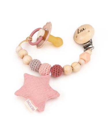 AngelicArt nuckel chain with engraving names for boys and girls - personalized suckel chain with desired names - gift for baby holz - Natur mit Musselin fabric/cotton (altrosa star)