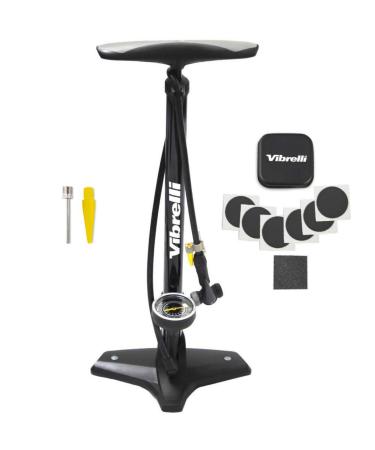 Vibrelli Bike Floor Pump with Gauge - High Pressure 160 PSI - Presta Valve Bike Pump Automatically Switches to Schrader - Bicycle Pump Comes with Glueless Puncture Kit Black