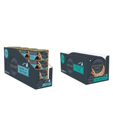 Encore 100% Natural Wet Cat Food Sardine with Tuna Fillet in Broth 70g (Pack of 16) & 100% Natural Wet Cat Food Pot Succulent Tuna with Pacific Crab in Broth 60 g Pot (Pack of 10)