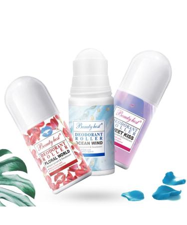Beauty Host Deodorant Roller Set of 3 Floral World Ocean Wind Sweet Kiss Scents