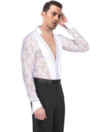 BOZEVON Men's Classic Latin Dance Shirt & Pants Costume - Lace Performance Outfit for Jazz Dancing - White - Buy Online on GoSupps.com