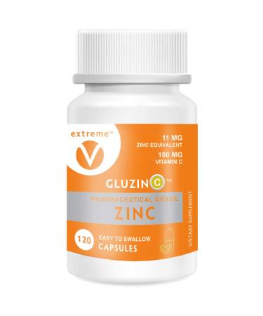 GluzinC 11MG Pharmaceutical Grade Zinc Plus 180MG Vitamin C (120 Easy to Swallow Smaller Vegetarian Capsules)