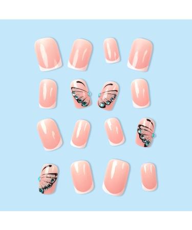 French Tip Press on Nails - Short Square Press On Nails with Nail Tips White edged French Blue Sparkling Butterfly Fake Nails press on nails Acrylic False Nails Cute Artificial Nails - Buy Online on GoSupps.com
