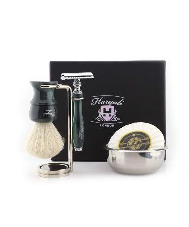 Haryali London Men's Shaving Set with Double Edge Safety Razor White Badger Brush Stand Bowl and Soap