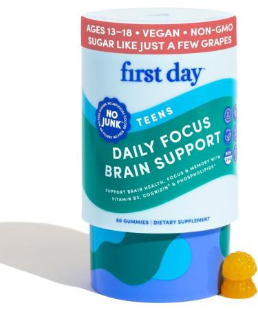 FIRST DAY Teen Brain & Focus Supplement Gummies Ages 13 18 | Study & Concentration Support with Cognizin Citicoline & Phosphatidylserine | Vegan, Non-GMO, Caffeine-Free | 30-Day Supply - Buy Online on GoSupps.com