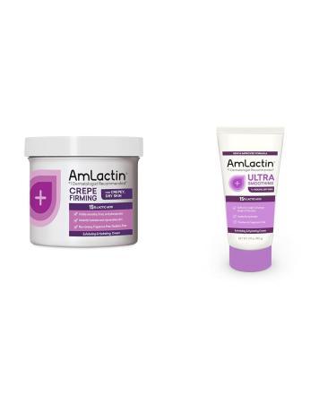 AmLactin Crepe Firming Cream - 12 oz Body Cream with 15% Lactic Acid - Exfoliator and Moisturizer for Crepey Dry Skin & Ultra Smoothing - 4.9 oz Body & Hand Cream with 15% Lactic Acid