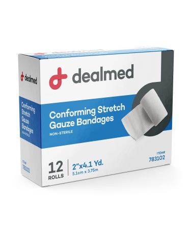 Dealmed 2" Conforming Stretch Gauze Bandages, 12 Gauze Bandage Rolls, 4.1 Yards Stretched Gauze Rolls, Wound Care Product 2" x 1 Box