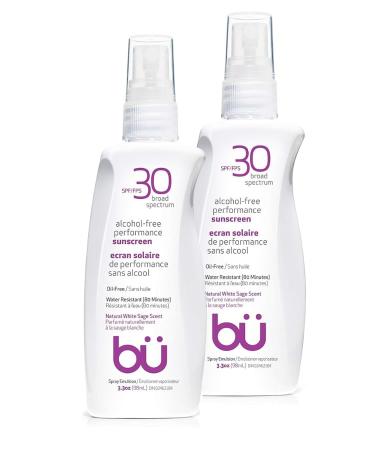 BU SPF 30 Sunscreen Spray for Face and Body Non Aerosol Spray Ultrafine WOWmist TSA Travel Size Sunscreen Clear Non Greasy Water Resistant White Sage 3.3 oz (2-Pack)