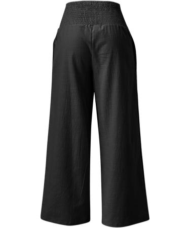 Gufesf Women's Casual Cotton Linen Palazzo Pants - Floral Beach Wide Leg Trousers with Pockets | A1-black, Large - Buy Online on GoSupps.com