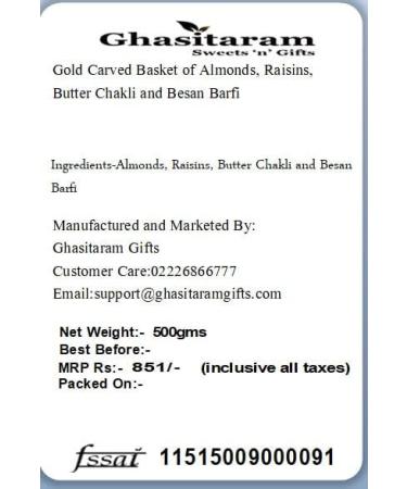 Ghasitaram Gifts Mother's Day Gifts Carved Basket of Almonds Raisins Butter Chakli and Besan Barfi|Diwali Holi Valentine Christmas Birthday Anniversary Gift for Her Him Mothers Day Fathers Day| - Buy Online on GoSupps.com