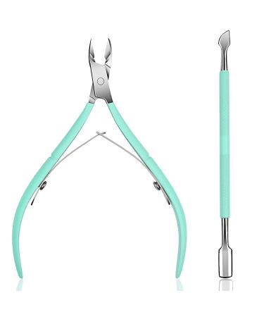 Cuticle Nipper with Cuticle Pusher-Professional Grade Stainless Steel Cuticle Remover & Cutter-Durable Manicure and Pedicure Tool (Green)