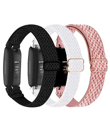 Nigaee 3 Pack Elastic Nylon Bands & Lace Silicone Bands Compatible with Fitbit Inspire 3/Inspire 2/Inspire HR/Inspire Adjustable Breathable Replacement Straps Soft Nylon Loop & Slim Silicone Wristbands for Women Men Black/White/Pink