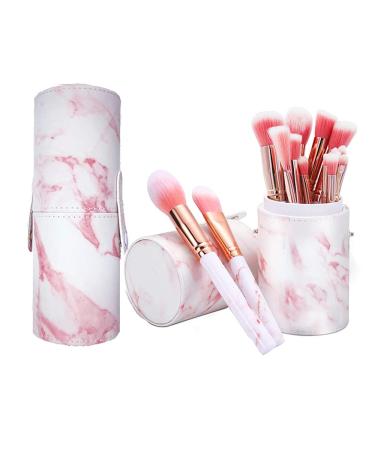 Make Up Brushes NEVSETPO Makeup Brush with Holder 15+2 Piece Premium Synthetic Eyeshadow Contour Face Brushes with Roll Case Organizer (Marble Pink) Marble Pink 15 Count (Pack of 1)