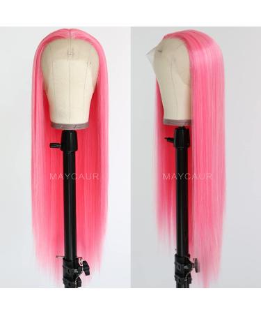 Maycaur Pink Lace Front Wig 22 Inch - Long Straight Heat Resistant Synthetic Hair - Glueless Wigs for Women - Natural Hairline - Fashionable Pink Color - Buy Online on GoSupps.com