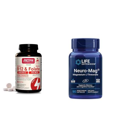 Jarrow Formulas Ultra Strength Methyl B-12 5000 mcg & Methyl Folate 800 mcg + P-5-P & Life Extension Neuro-mag Magnesium L-threonate Magnesium L-threonate Brain Health Memory & Attention