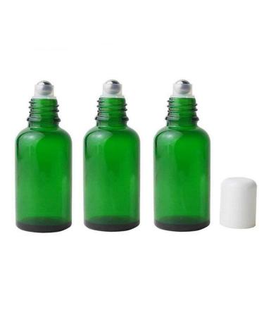 3PCS 30ml Empty Refillable Green Glass Essential Oil Roll On Bottles Cosmetic Sample Packing Jars Pots with Metal Roller Ball And White Cap For Essential Oil Perfume