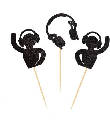 BoningNEW 24PCS DJ Earphone Disco Cupcake Topper for Music Theme Party Birthday Party Wedding Baby Shower Party Black Glitter Cake Decorations Picks Supplies - Buy Online on GoSupps.com