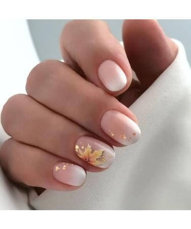 SINLOV Short Square Fake Nails Maple Leaves Glossy Press on False Nails Pink Nude French Full Cover False Nails for Women and Girls
