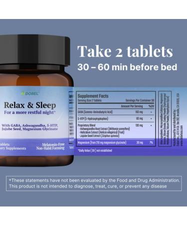Dobel Relax & Sleep Aid Without Melatonin for Adults | with GABA Magnesium Glycinate Ashwagandha Jujube Seeds and Plant 5-HTP | Natural Support for Restful Sleep 60 Tablets Unflavored - Buy Online on GoSupps.com