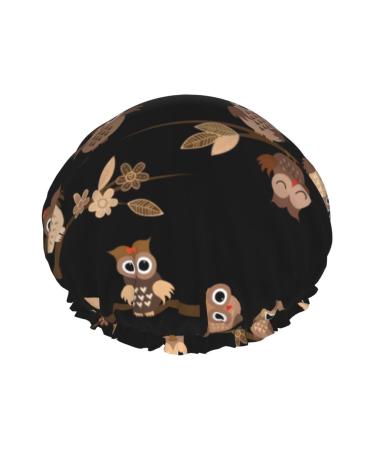 Cute Brown Cartoon Owls Shower Cap & Bath Cap  Reusable Waterproof Hair Cap With Peva Lining & Double Protection Layers & Elastic