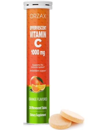 ORZAX Vitamin C 1000mg Immune Support Ascorbic Asid Antioxidant Booster Sugar-Free Non-GMO VIT C Helps Skin and Joint Healths Delicious Orange Flavored 20 Vegetable Effervescent Tablets