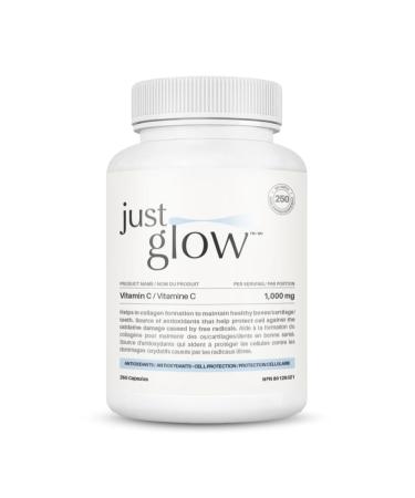 Just Glow Vitamin C 1000 mg - 250 Vegan Capsules - For Antioxidant Collagen Formation Bones Teeth Gums and Immune System - Made in Canada - 250ct - 1000mg (250 Days / 1 Bottle)