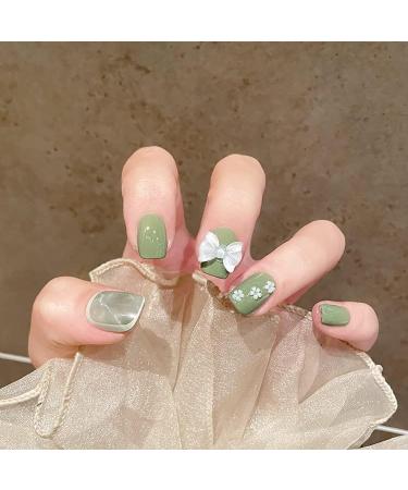 24pcs Press On Nails Medium False Nail Natural Fake Nail with Nail Glue and Adhesive Taps Faux Ongles Squared Green 3D Bowknot Flowers - Buy Online on GoSupps.com