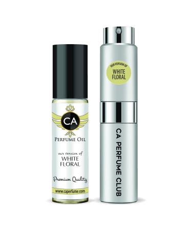 CA Perfume Duo Impression of Emra White Floral For Women & Men Eau de Parfum Refillable Atomizer Sprayer + Fragrance Body Oil Long Lasting Sample Travel Size Roll-On Bottle 0.27 Fl Oz+0.33 Fl Oz