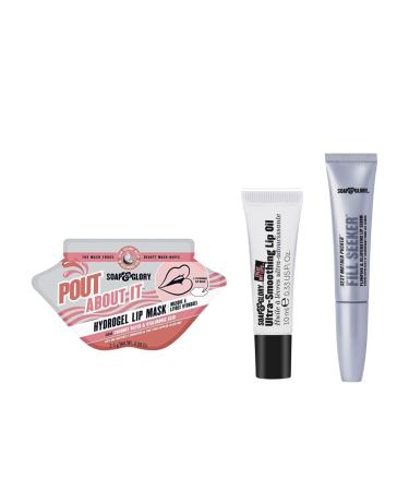 Soap & Glory Perfect Pout Trio - Pout About It Hydrogel Lip Mask (2.5g) - Sexy Mother Pucker Fill Seeker Lip Plumper & Rejuvenating Serum (0.5 fl oz) - Treat My Lips Ultra-Smoothing Lip Oil (10 ml)