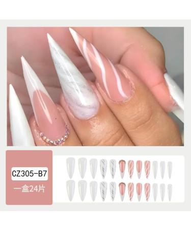 Long pointed tip French Tip Press on Nails with Nail Tips Pink and White striped Fake Nails press on nails Acrylic False Nails Cute Artificial Nails - Buy Online on GoSupps.com