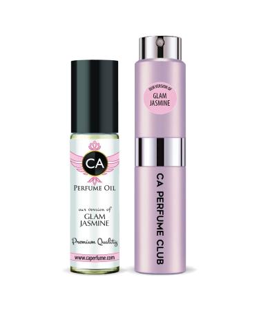CA Perfume Duo Impression of Kors Glam Jasmine For Women Eau de Parfum Refillable Atomizer Sprayer + Fragrance Body Oil Long Lasting Sample Travel Size Roll-On Bottle 0.27 Fl Oz+0.33 Fl Oz