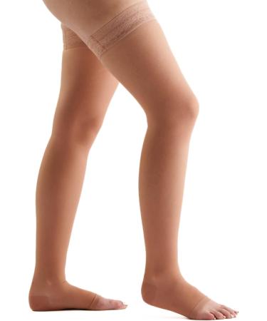 EvoNation Women's USA Made Thigh High Open Toe Compression Stockings 20-30 mmHg - Small Tan Beige Nude - Buy Online on GoSupps.com
