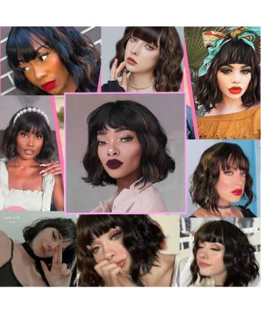 12 Inch Black Mixed Brown Highlights Short Curly Bob Wig with Bangs | Medium Wavy Shoulder Length Wig | Natural Looking Heat Resistant Fiber Hair for Women - BB1201NT - Buy Online on GoSupps.com