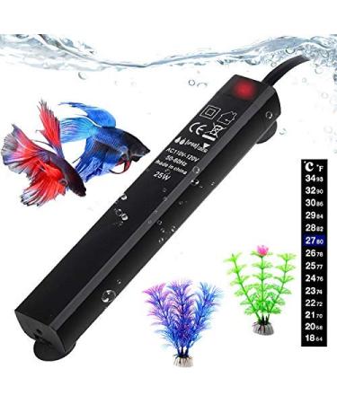 Betta Fish Tank Heater, 25W Mini Aquarium Heaters with 2 Artificial Plants 1 Stick-on Thermometer Strip Energy-efficient Water Warmer Temperature Controller Smart Thermostat for 3-5 Gallon Tank Black