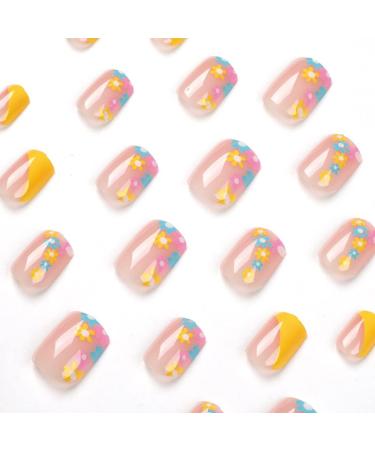 Yellow Short Square Shape Press on Nails 24 PCS Artificial Fake Nails with Flower Decoration Design Full Cover French False Nails for Women and Girls Nail 06 - Buy Online on GoSupps.com