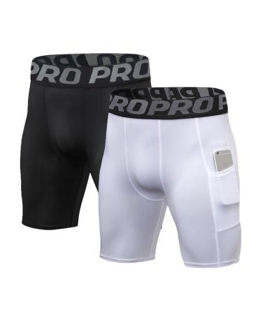LANBAOSI 2-3 Pack men compression shorts with bags running fitness studio sporty tights baselayer summer fast drying sports pants l black+white