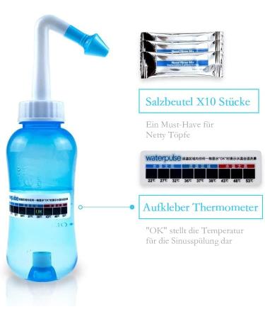 Water Pulse Nasal Shower - 300ml Neti Pot with 10 Salt Packets & Thermometer | BPA Free Sinus Flushing for Adults & Kids - Buy Online on GoSupps.com