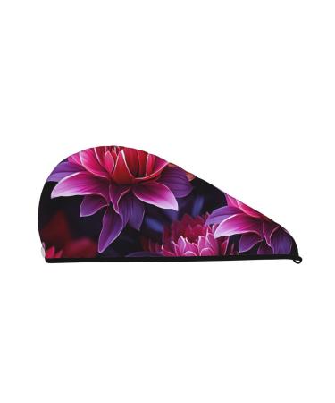 Flower Leaves Purple Red Flower Print Dry Hair Cap for Women Coral Velvet Hair Towel Wrap Absorbent Hair Drying Towel with Button Quick Dry Hair Turban for Travel Shower Gym Salons