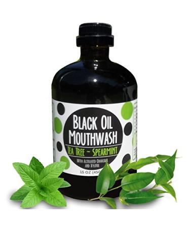 Coconut/Avocado/Sesame Black Oil Mouthwash, Sweet & Delicious, with Charcoal & Xylitol for Oil Pulling, 15 oz Black Oil Mouthwash Glass Bottle (Tea Tree - Spearmint)