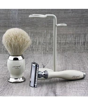 Razor Plane & Pure White Shaving Brush Set - 3 Pieces for Men | Complete Wet Shaving Kit with Stand - Buy Online on GoSupps.com