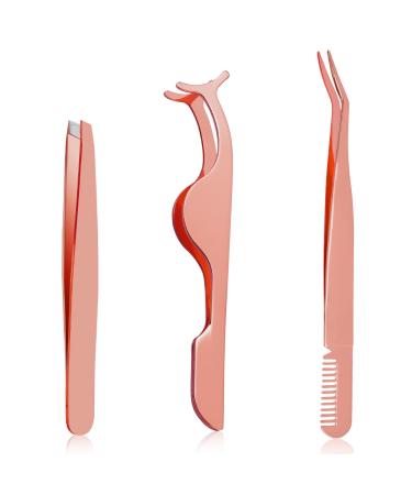 3 PCS Eyelash Tweezers 3 Styles Lash Tweezers Set Stainless Steel Eyebrow Tweezers Eyelash Curler Eyelash Applicator Tool Easy to Apply and Remove Eyelashes (Rose Gold)