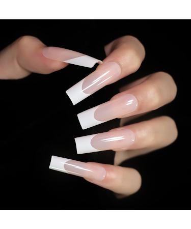 24pcs Long Square Nude White French Tip Press On False Nails for Women - Glossy Gel Full Cover Manicure - Buy Online on GoSupps.com