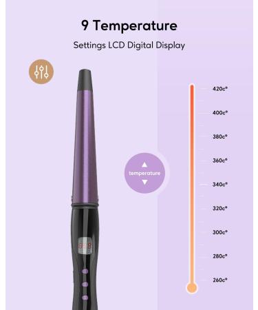 Conical Curling Wand 3/4-1 1/4 Ceramic Curling Iron | Clamp-Free, Digital Controls, 9 Heat Settings | Black/Purple - Buy Online on GoSupps.com