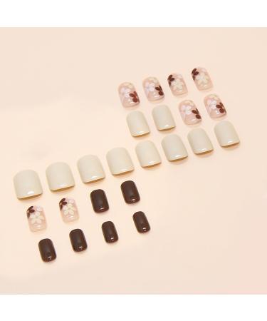 24Pcs Fall Fake Nails - Short Press On Square Acrylic Nails | Autumn Winter Maillard Color & Floral Design for Girls - Buy Online on GoSupps.com